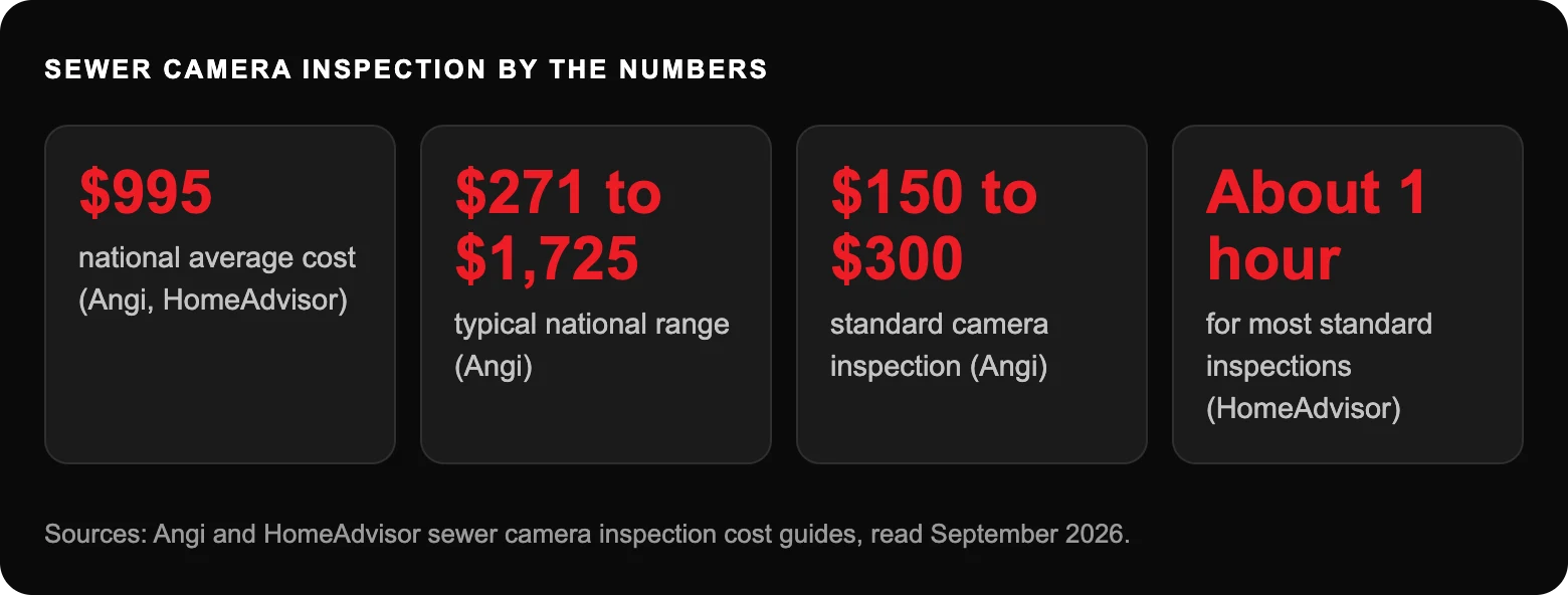 Sewer camera inspection by the numbers: $995national average cost (Angi, HomeAdvisor); $271 to $1,725typical national range (Angi); $150 to $300standard camera inspection (Angi); About 1 hourfor most standard inspections (HomeAdvisor)