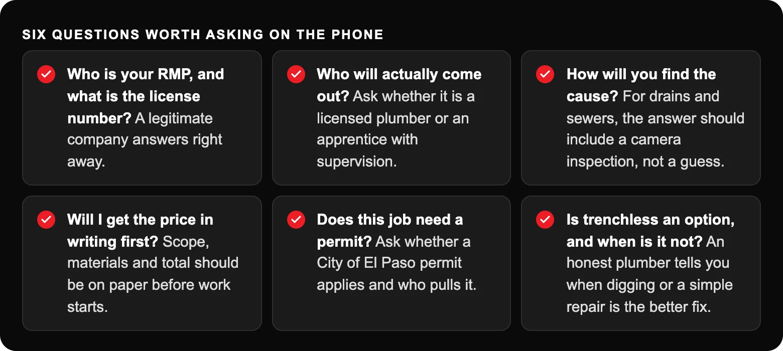 Six questions worth asking on the phone: Who is your RMP, and what is the license number? A legitimate company answers right away.; Who will actually come out? Ask whether it is a licensed plumber or an apprentice with supervision.; How...