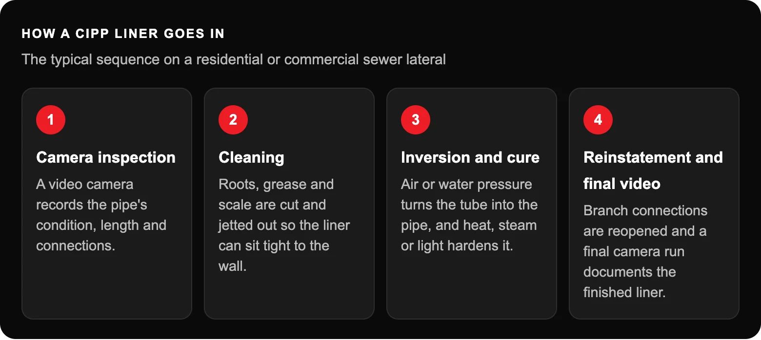 What Is CIPP Lining, and How Long Does It Really Last? 2 How a cipp liner goes in: Camera inspectionA video camera records the pipe's condition, length and connections.; CleaningRoots, grease and scale are cut and jetted out so the liner can sit tight to the wall.; Inversion and cureAir or...