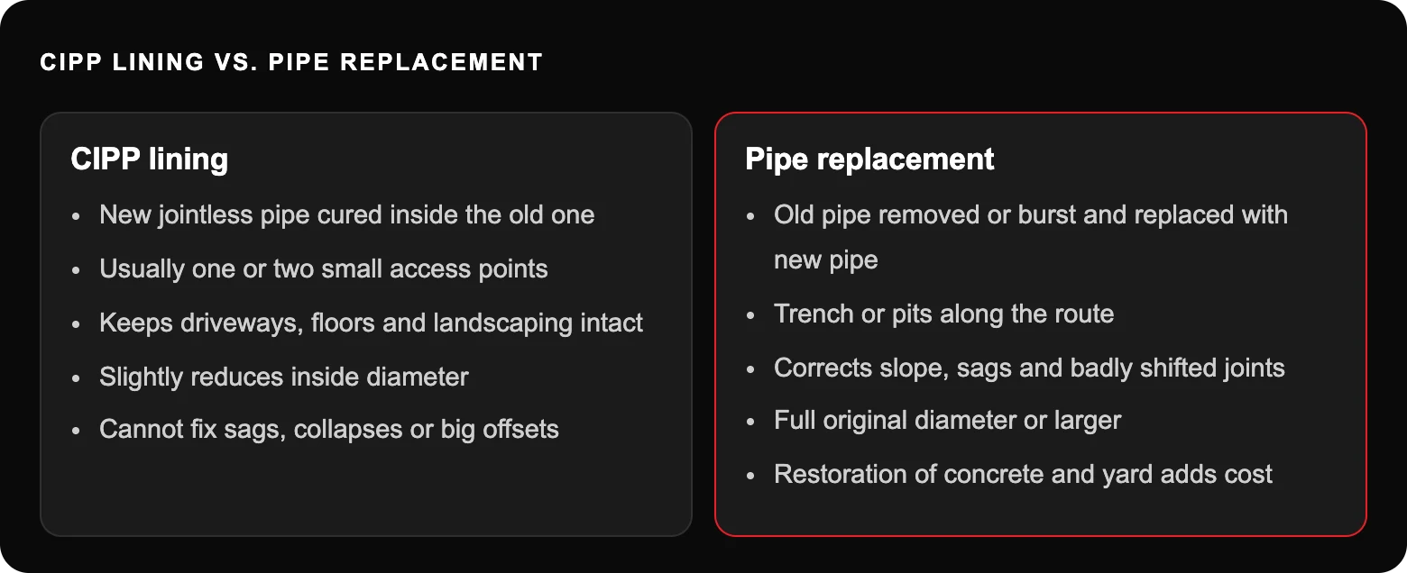 CIPP Lining vs. Pipe Replacement: Which Is Right for Your El Paso Property? 2 Cipp lining vs. pipe replacement: CIPP lining; New jointless pipe cured inside the old one; Usually one or two small access points; Keeps driveways, floors and landscaping intact; Slightly reduces inside diameter; Cannot fix sags...