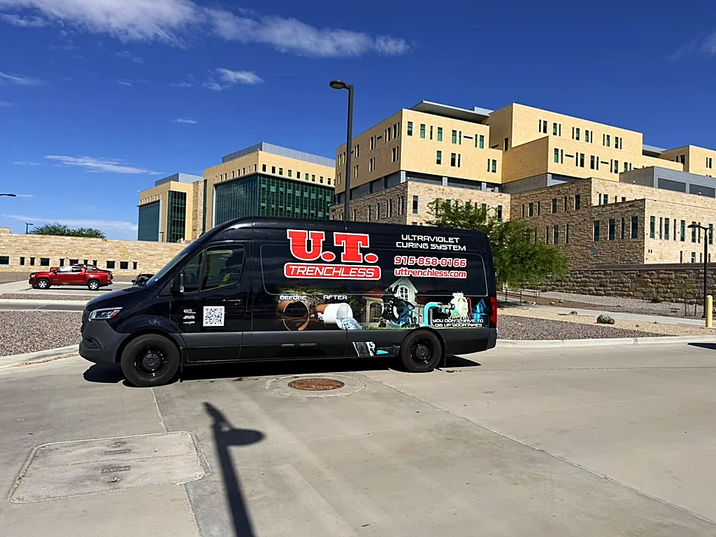 U.T. Trenchless van on a restaurant job, providing sewer and drain services in El Paso
