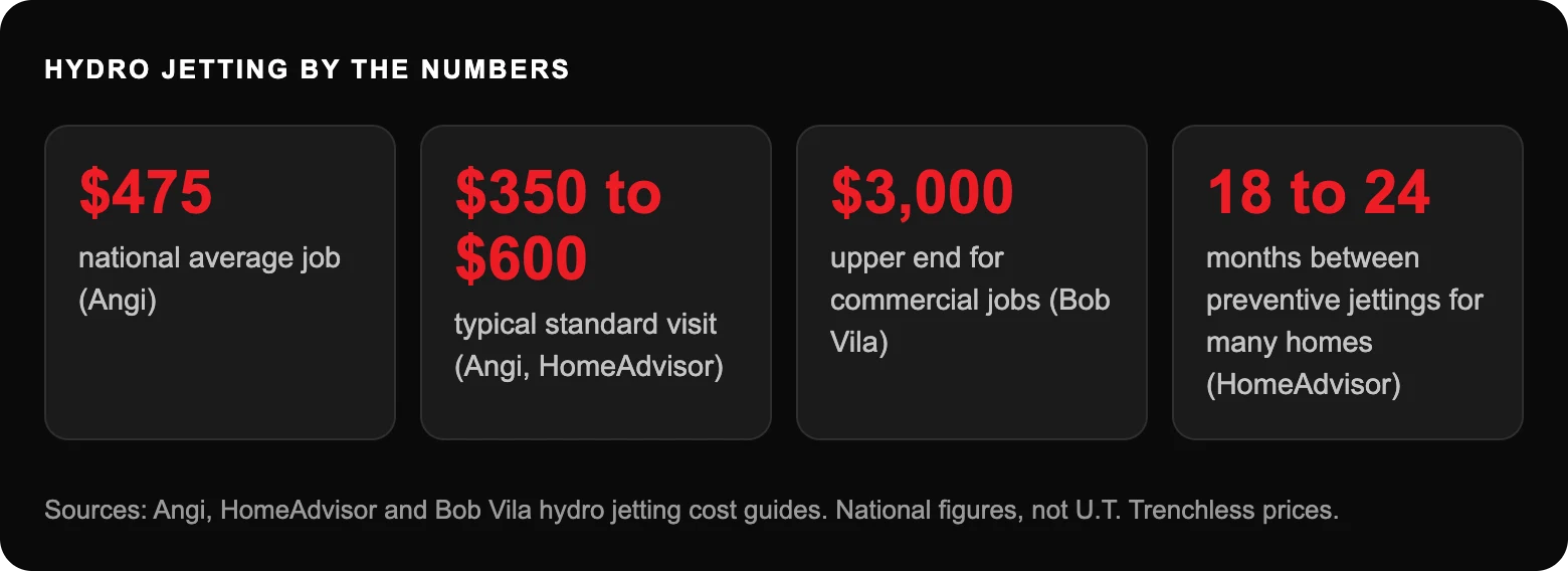 Hydro jetting by the numbers: $475national average job (Angi); $350 to $600typical standard visit (Angi, HomeAdvisor); $3,000upper end for commercial jobs (Bob Vila); 18 to 24months between preventive jettings for many homes (HomeAdvisor)