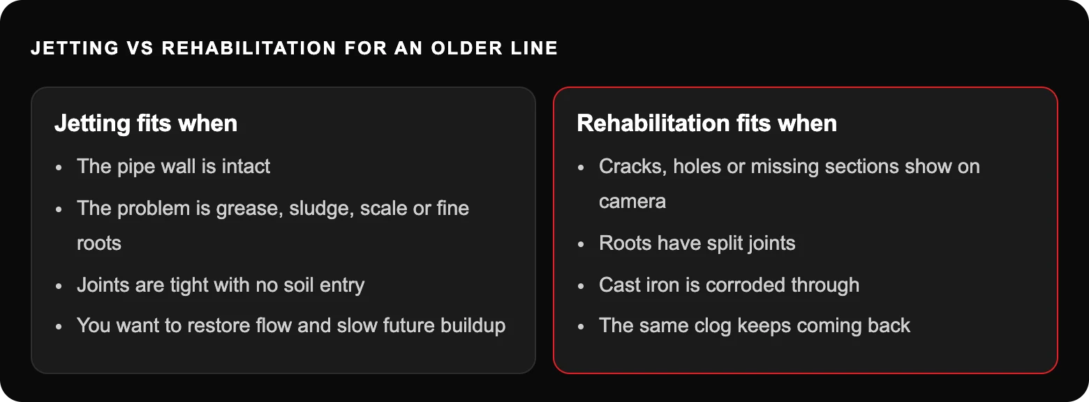Jetting vs rehabilitation for an older line: Jetting fits when; The pipe wall is intact; The problem is grease, sludge, scale or fine roots; Joints are tight with no soil entry; You want to restore flow and slow future buildup...