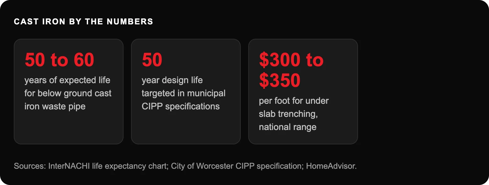 Cast iron by the numbers: 50 to 60years of expected life for below ground cast iron waste pipe; 50year design life targeted in municipal CIPP specifications; $300 to $350per foot for under slab trenching, national range