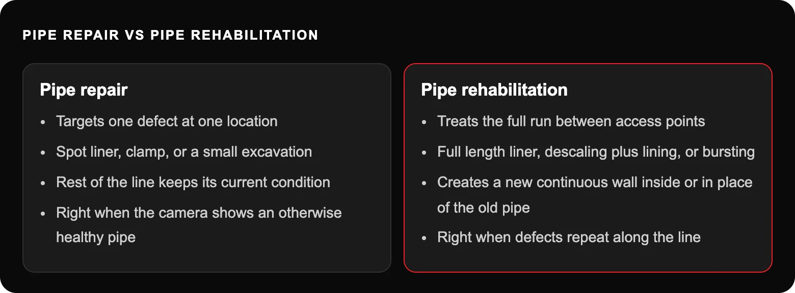 What Is Pipe Rehabilitation, and How Is It Different From Pipe Repair? 2 Pipe repair vs pipe rehabilitation: Pipe repair; Targets one defect at one location; Spot liner, clamp, or a small excavation; Rest of the line keeps its current condition; Right when the camera shows an otherwise healthy pipe; Pipe...