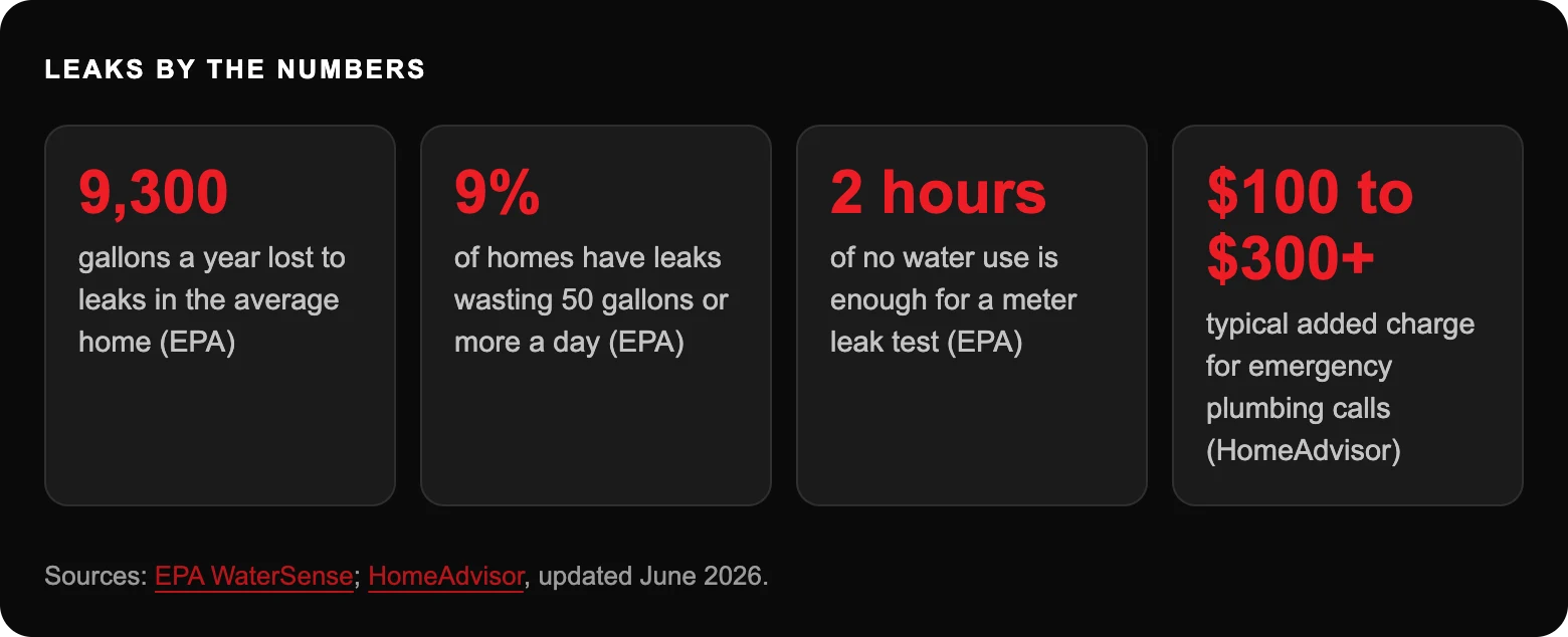 Leaks by the numbers: 9,300gallons a year lost to leaks in the average home (EPA); 9%of homes have leaks wasting 50 gallons or more a day (EPA); 2 hoursof no water use is enough for a meter leak test (EPA); $100 to $300+typical added...