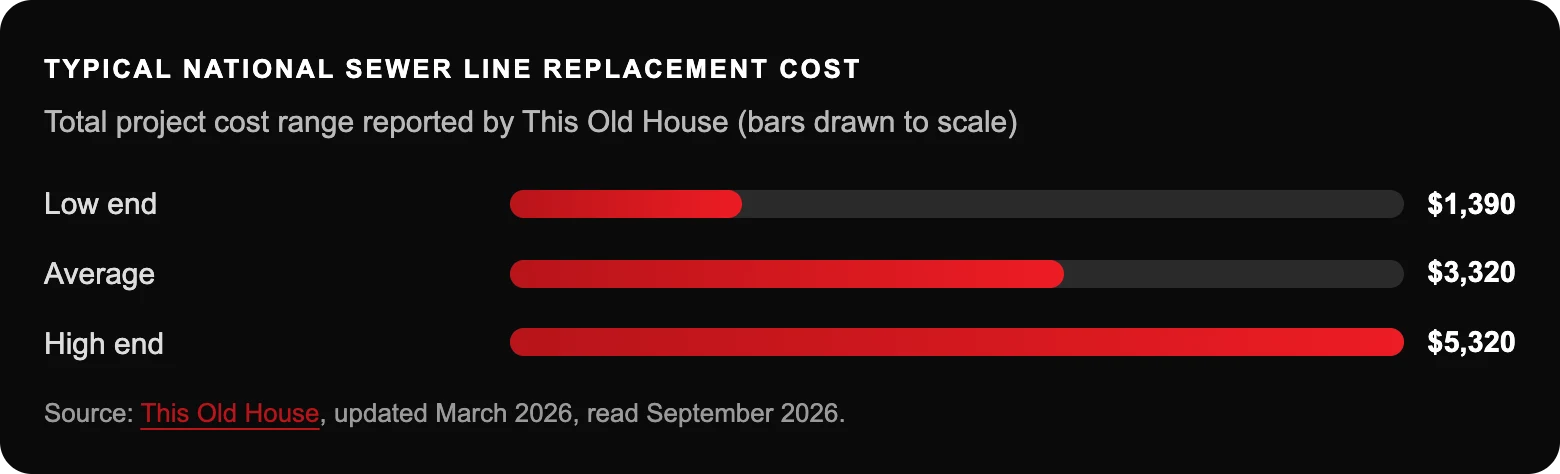 Typical national sewer line replacement cost: Low end$1,390; Average$3,320; High end$5,320