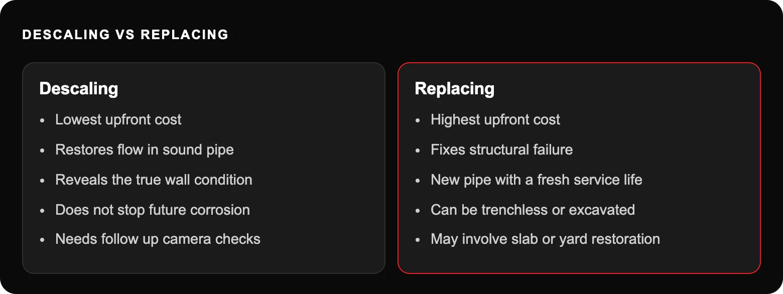Descaling vs replacing: Descaling; Lowest upfront cost; Restores flow in sound pipe; Reveals the true wall condition; Does not stop future corrosion; Needs follow up camera checks; Replacing; Highest upfront cost; Fixes structural...