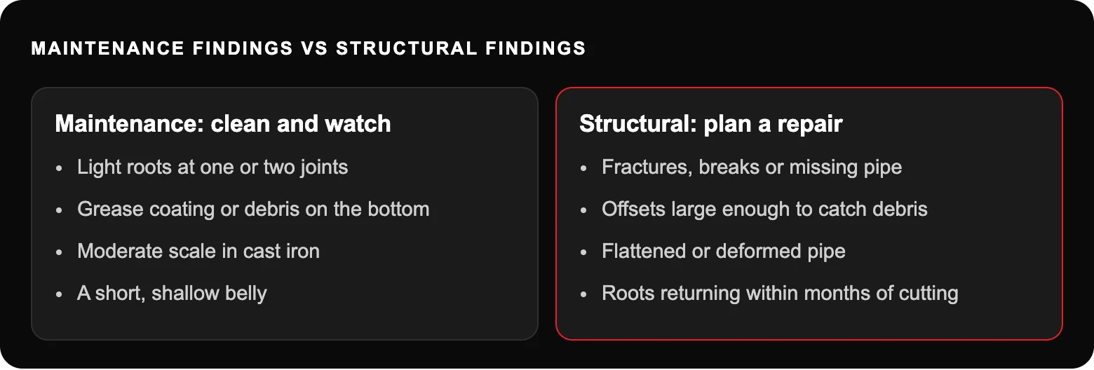 Maintenance findings vs structural findings: Maintenance: clean and watch; Light roots at one or two joints; Grease coating or debris on the bottom; Moderate scale in cast iron; A short, shallow belly; Structural: plan a repair...