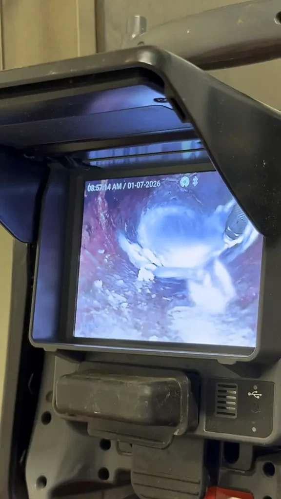 Sewer camera inspection monitor showing the inside of a drain line