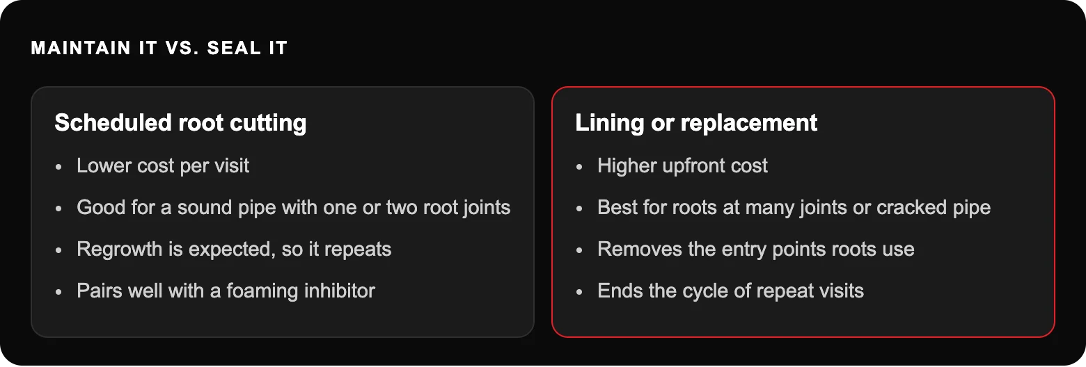 Maintain it vs. seal it: Scheduled root cutting; Lower cost per visit; Good for a sound pipe with one or two root joints; Regrowth is expected, so it repeats; Pairs well with a foaming inhibitor; Lining or replacement; Higher upfront...