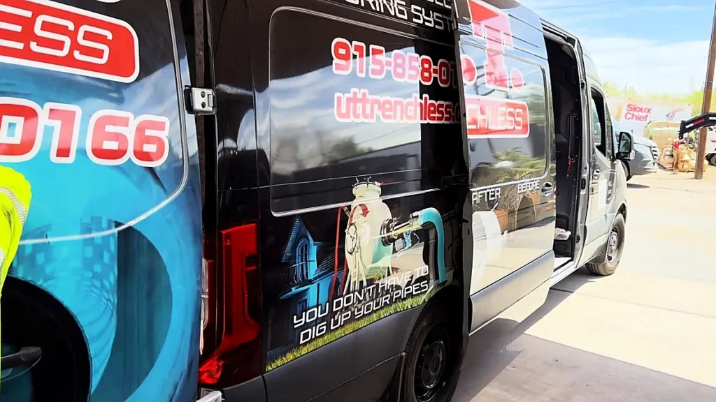 U.T. Trenchless van with phone number and website to request a plumbing estimate in El Paso